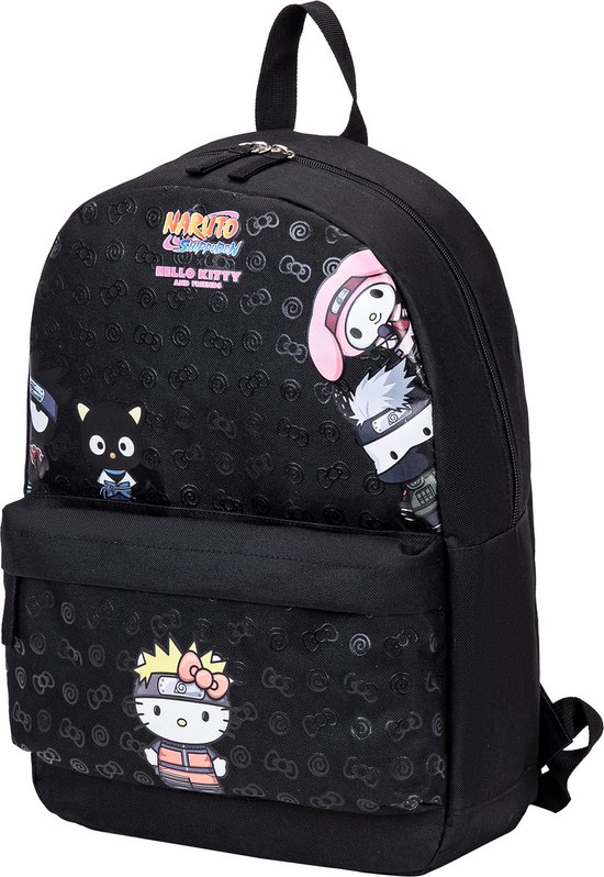 Zwarte rugzak met print van Hello Kitty in Naruto-outfit, My Melody en Chococat. De rugzak heeft een voorvak en een all-over print van kleine strikjes.