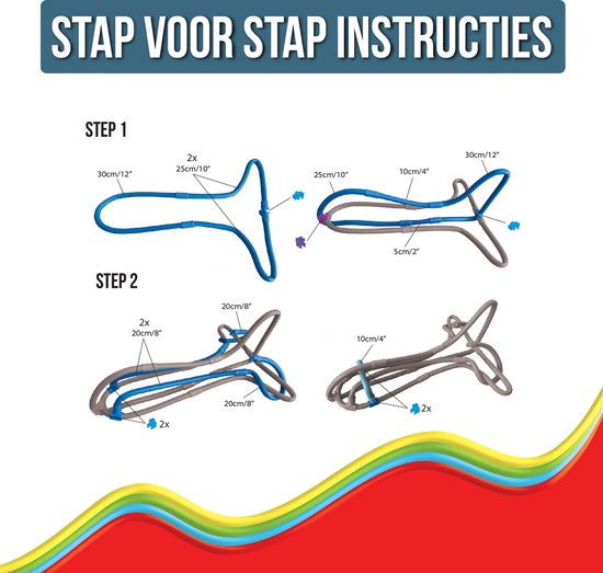 Stap 1: Blauwe en grijze flexibele buizen van verschillende lengtes worden getoond, met paarse en blauwe verbindingsstukken.