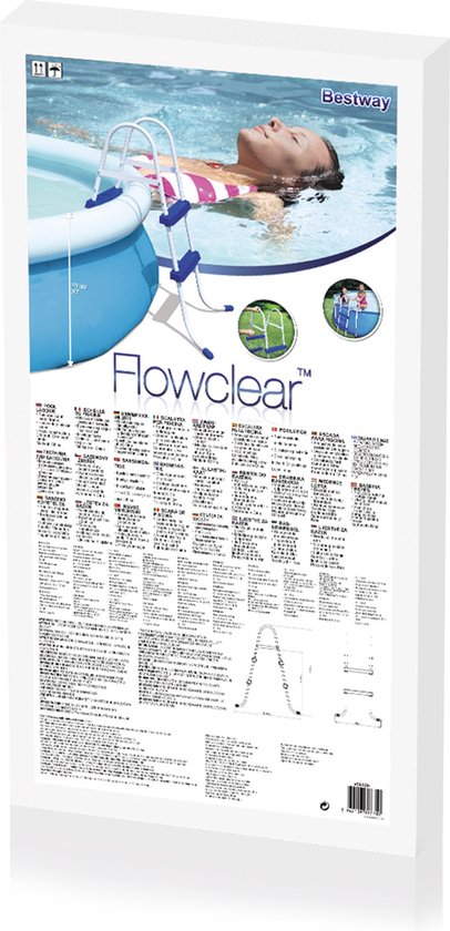 Op de verpakking van de Bestway Flowclear zwembadladder staat een meisje dat in een zwembad zwemt, met de ladder ernaast.