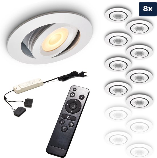 Foto: Ledisons piccolo set met 8 witte led inbouwspots en afstandsbediening dimbaar 3 jaar garantie 2700k extra warm wit 200 lumen 3w ip44