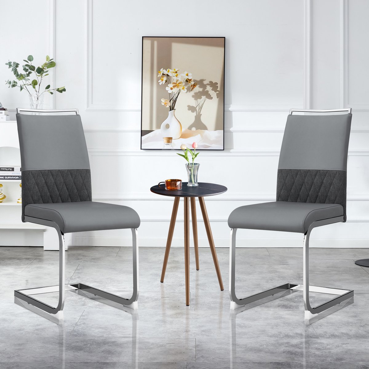 Sweiko Moderne Restaurant Stoel Set van 2, Rugleuning PU Synthetisch Leer en Linnen, Hoge Rugleuning Zachte Kussen Zijstoel, Cross Riem Rugleuning Ontwerp voor Restaurant, Keuken, en Gastenkamer Kantoor Stoelen, Grijs