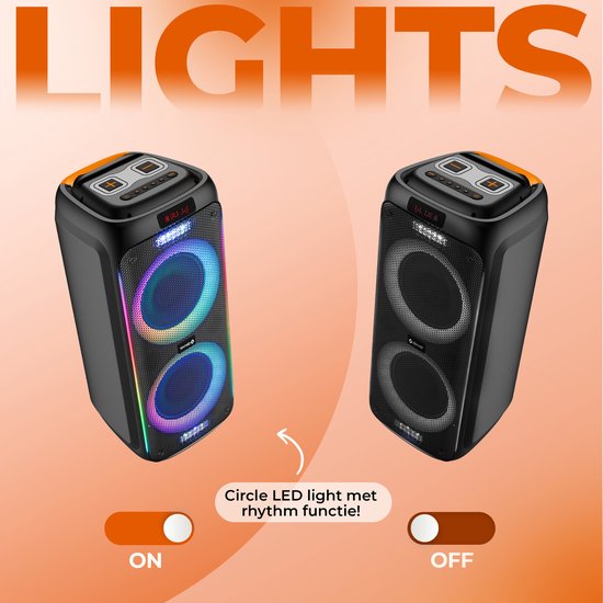 Twee Denver Bluetooth speakers, een met discolichten 'ON', de ander met lichten 'OFF'. Tekst 'LIGHTS'.