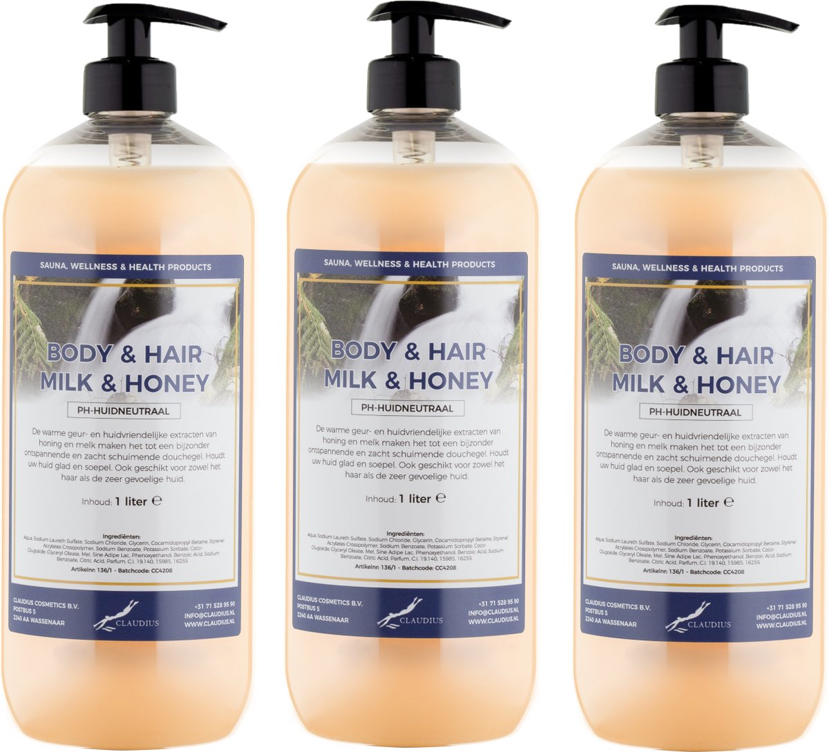 Goedkoopste Body & Hair Milk & Honey 1 liter - set van 3 stuks - met gratis pomp - 2 in 1 voor lichaam en haar.