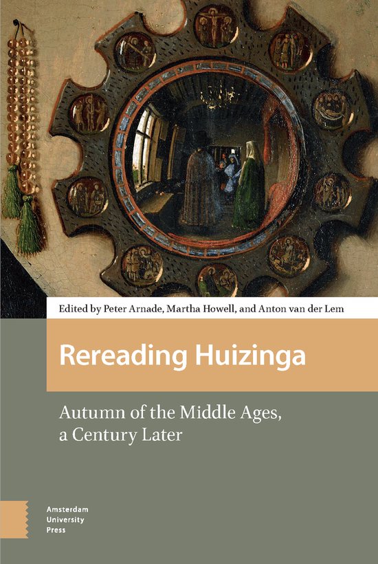 Boek "Rereading Huizinga" met een spiegel met scènes uit de middeleeuwen.