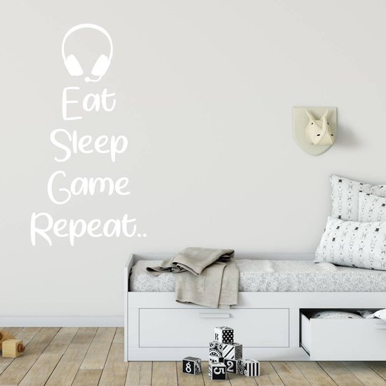 Sticker Muursticker Eat Sleep Game Repeat Headset - Bleu foncé - 83 x 160 cm - Muursticker4Sale