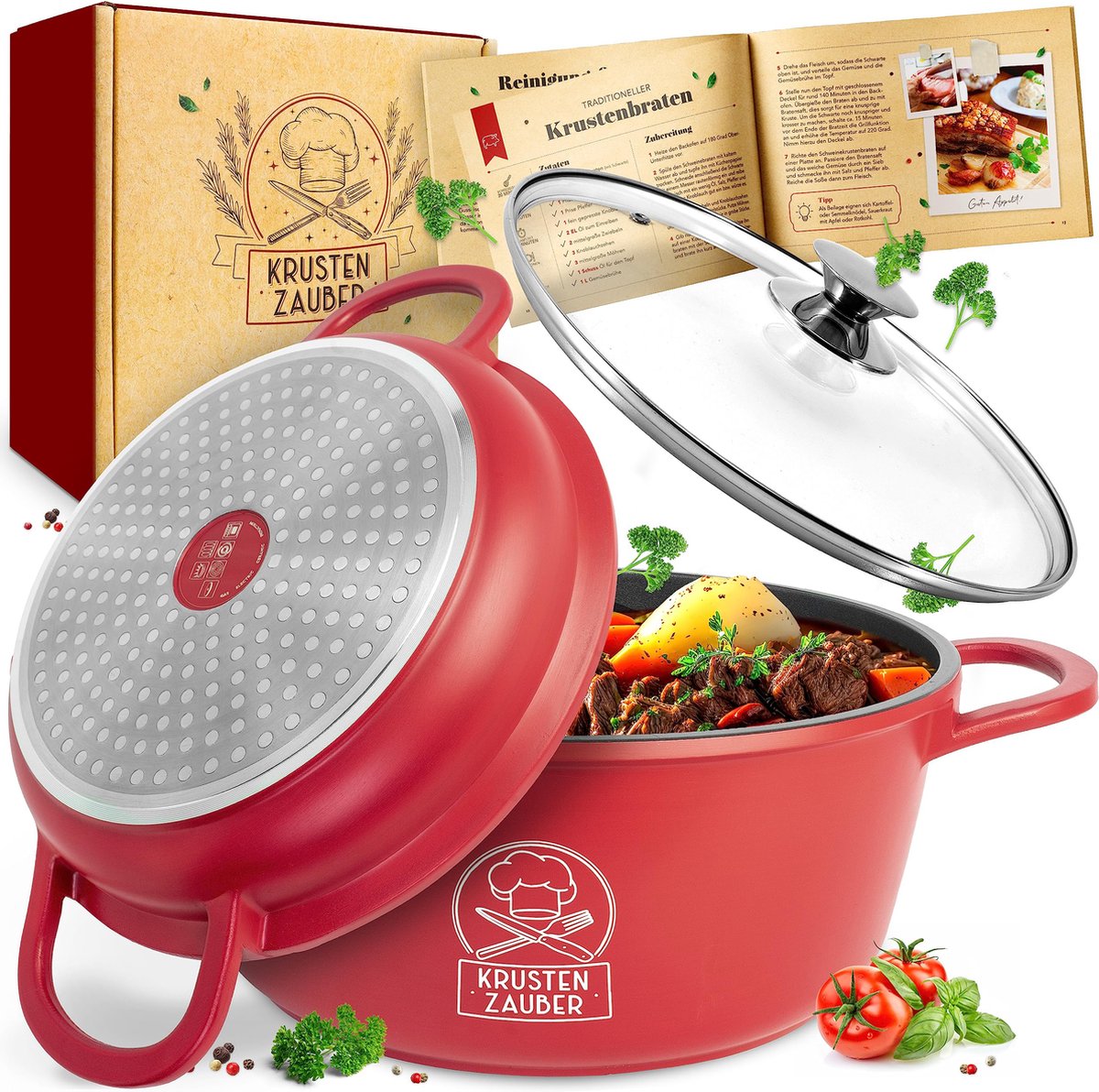 KRUSTENZAUBER 24cm gegoten aluminium braadpan met deksel geschikt voor oven [incl. Glazen deksel] - 4L aluminium stoofpan en braadpan - Ideale inductiebrander, sauteerpan, koekenpan, gietijzeren kookpannen, braadpan