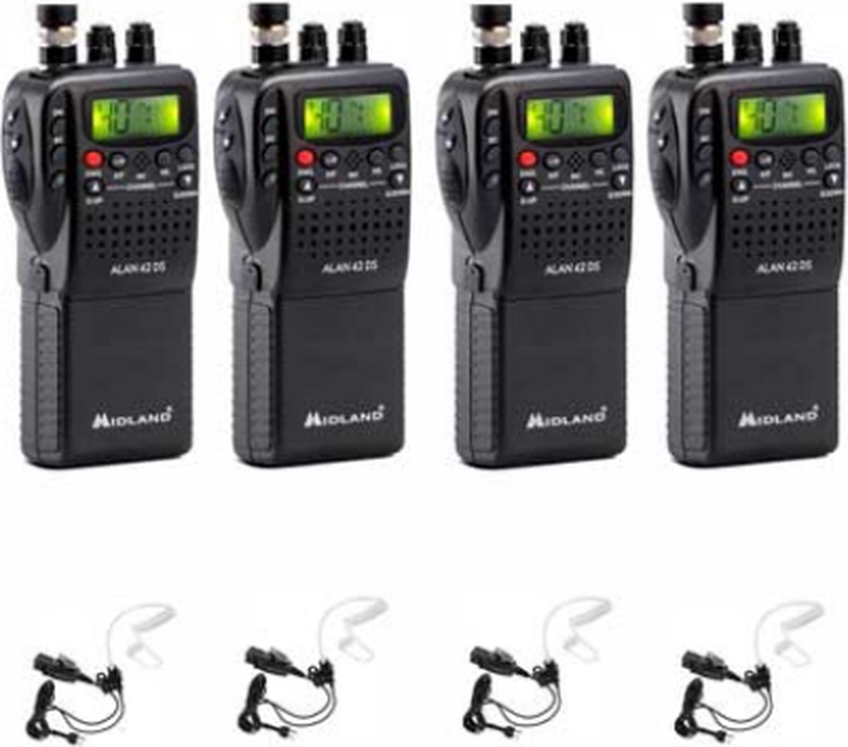 Set van 4 Midland Alan 42DS 27mc Portofoons 4 Watt FM/AM met beveiliging oortje