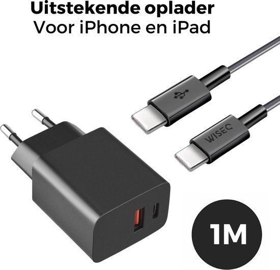 Chargeur rapide 25 W pour Samsung Huawei, Oppo, iPhone 15 et MacBook – Câble de charge USB C 1,2 m – Zwart - WiseQ
