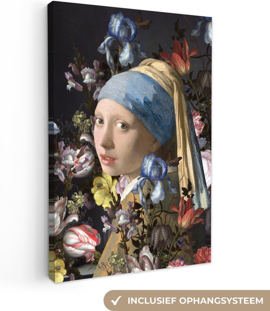 Foto: Canvas schilderij 90x140 cm wanddecoratie meisje met de parel johannes vermeer bloemen muurdecoratie woonkamer slaapkamer decoratie kamer accessoires schilderijen