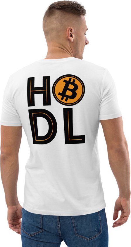 Bitcoin T-shirt - HODL - Rug Print - Unisex - 100% Biologisch Katoen - Kleur Wit - Maat XL | Bitcoin cadeau| Crypto cadeau| Bitcoin T-shirt| Crypto T-shirt| Crypto Shirt| Bitcoin Shirt| Bitcoin Merch| Crypto Merch| Bitcoin Kleding