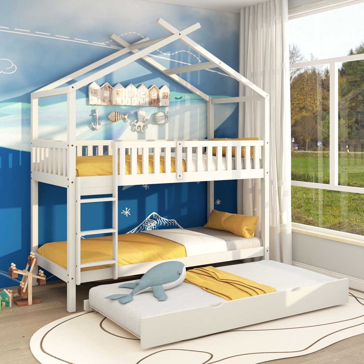 Sweiko Huisbed Kinderbed Jeugdbed, 90x200 cm, drie bedden, Uitschuifbaar, Ruimtebesparend ontwerp, Wit