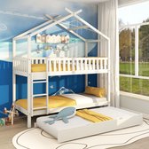 Sweiko Huisbed Kinderbed Jeugdbed, 90x200 cm, drie bedden, Uitschuifbaar, Ruimtebesparend ontwerp, Wit