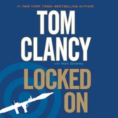 Boekcover van "Locked on" door Tom Clancy en Mark Greaney. De tekst "#1 NEW YORK TIMES—BESTSELLING AUTHOR TOM CLANCY LOCKED ON with Mark Greaney" staat op een blauwe achtergrond met een witte raketwerper en cirkels.