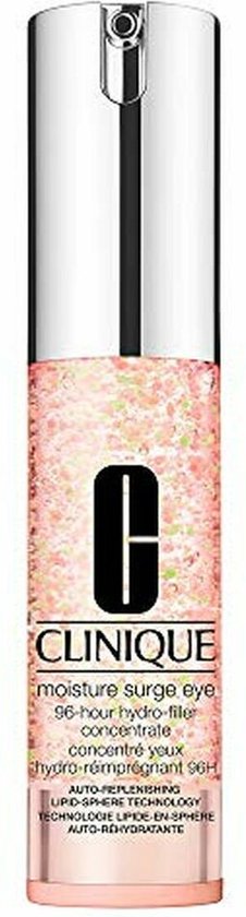 Clinique Moisture Surge oogcrème in een roze, doorzichtige verpakking met de tekst 'Clinique moisture surge eye 96-hour hydro-filler concentrate'.