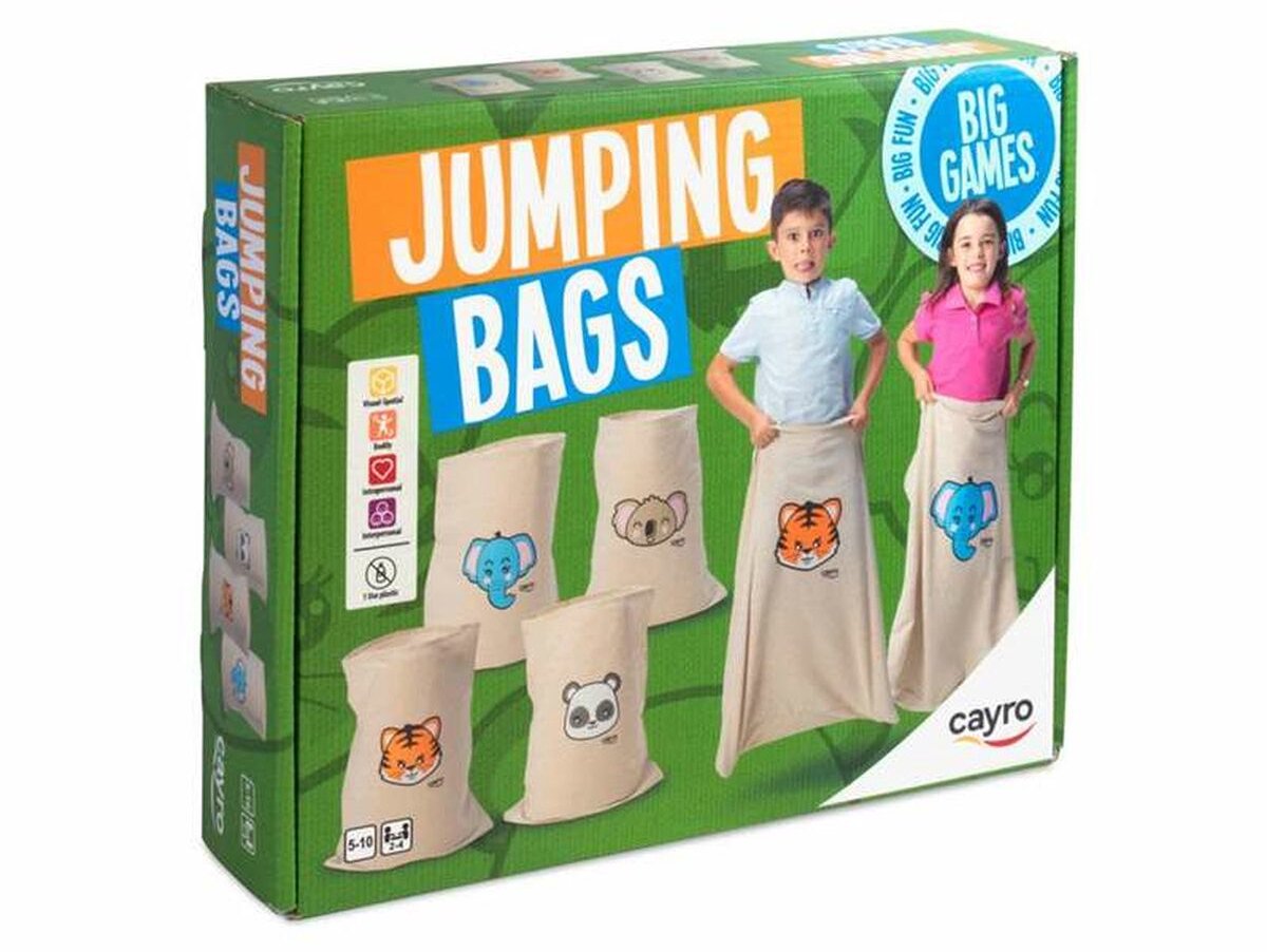 Cayro Jumping Bags - Zaklopen Springzakken met Vrolijke Dierenillustraties - Tijger, Panda, Olifant en Koala - 4 Sacs van 70x55 cm - Binnen en Buiten te Spelen - 2-4 Spelers - Vanaf 5 Jaar - Cayro Collection