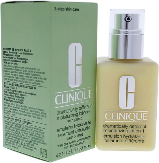 Fles en doosje Clinique Dramatically Different Moisturizing Lotion+ met pomp, voor zeer droge tot gecombineerde huid, 125 ml.