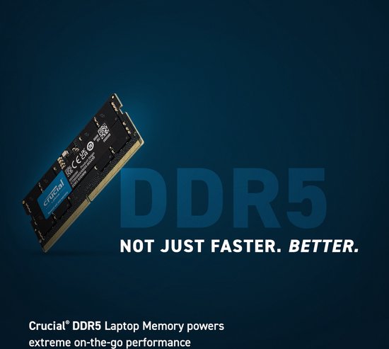 Crucial DDR5 laptopgeheugenmodule met blauw label en tekst "DDR5 NOT JUST FASTER. BETTER."