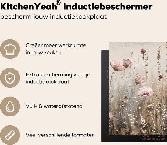 KitchenYeah® Protection plaque induction 60x60 cm - Fleurs - Beige - Fleurs sèches - Protege plaque de cuisson - Couvre plaque induction - Protecteur d'induction - Cuisine