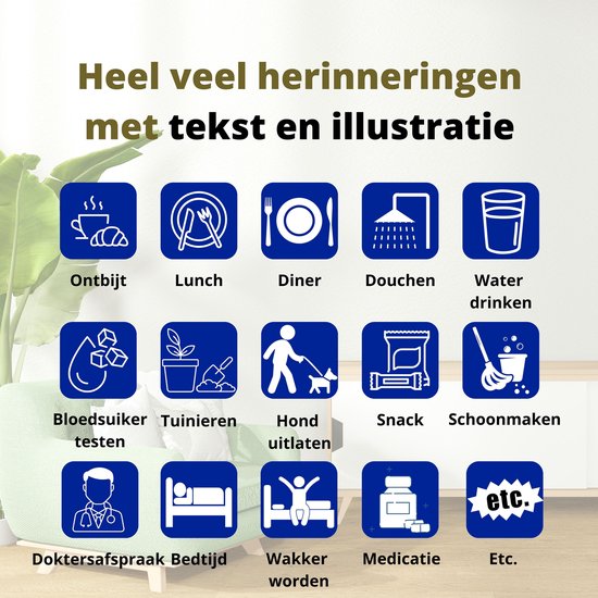 Twaalf iconen met tekst die dagelijkse activiteiten weergeven: Ontbijt, Lunch, Diner, Douchen, Water drinken, Bloedsuiker testen, Tuinieren, Hond uitlaten, Snack, Schoonmaken, Dokter afspraak, Bedtijd, Wakker worden, Medicatie, Etc.