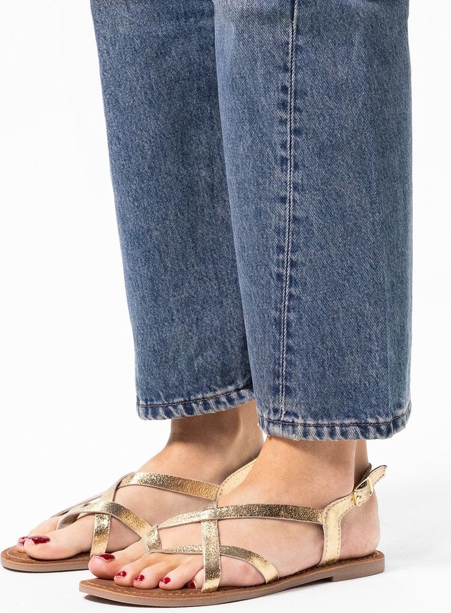 Sacha - Dames - Gouden leren sandalen met gekruiste bandjes - Maat 41