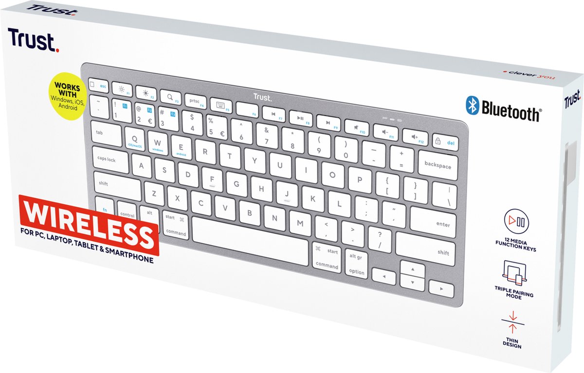 Trust - Draadloos Toetsenbord - Bluetooth - Universeel - Laptop, PC, Tablet, Ipad, iPhone - Ultra-Dun Design - QWERTY - Zilver thumbnail 4