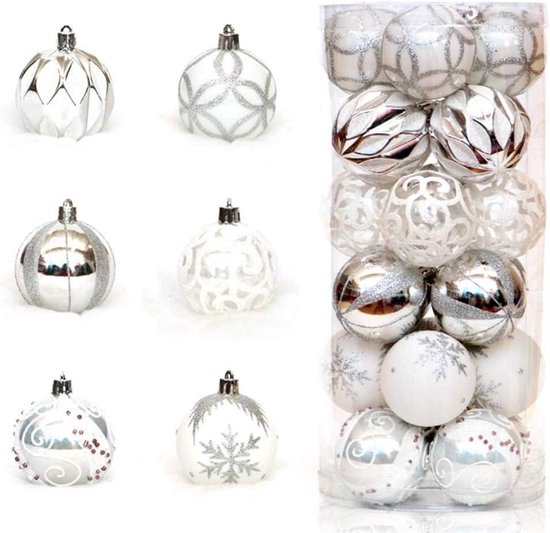 Foto: 24 stuks kerstballen ornament hangende hangers onbreekbare plastic kerstboomdecoraties vakantiefeest festivaldecoratie zilver wit 6 cm