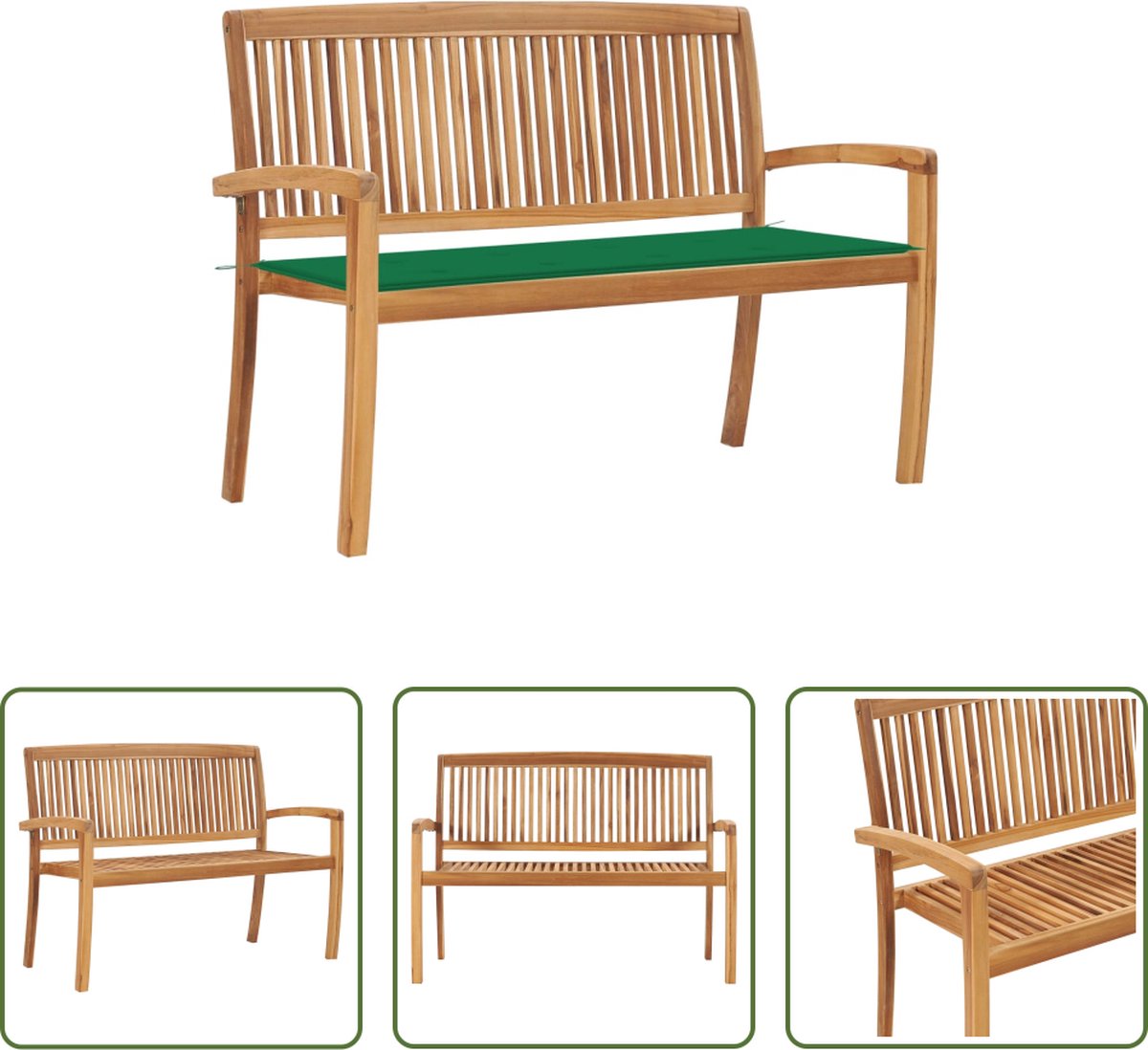 The Living Store Tuinbank - Teakhout - Stapelbaar - 128.5 x 57.5 x 90 cm - Groen kussen