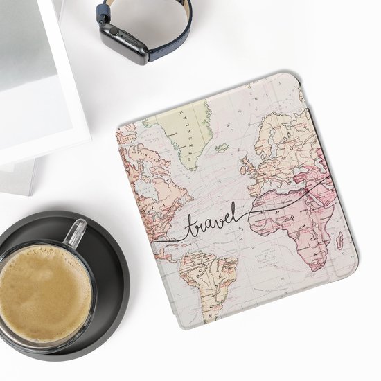 kwmobile e-reader hoesje geschikt voor Kobo Libra Colour hoes - E reader flip case met magnetische sluiting - Ereader cover - Travel Wereldkaart design in zwart / meerkleurig van Merkloos — afbeelding 4