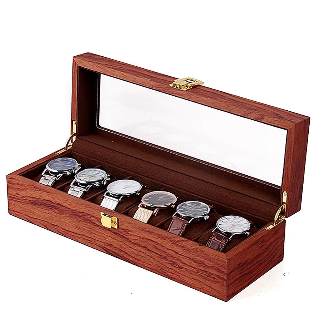 Multis Horloge opbergkist - Verzamel horloges - Horloge kist - Opbergdoos voor Horloges - Glazen deksel - Massief licht hout - 6 stuks