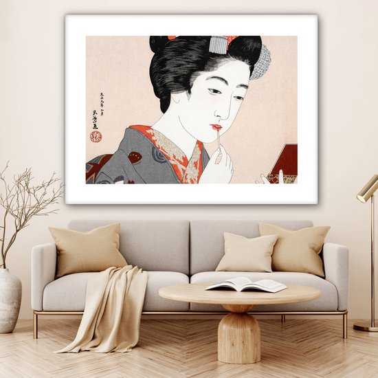 Canvas schilderij 160x120 cm - Wanddecoratie Vintage - Japans - Vrouw - Make up - Muurdecoratie woonkamer - Slaapkamer decoratie - Kamer accessoires - Schilderijen