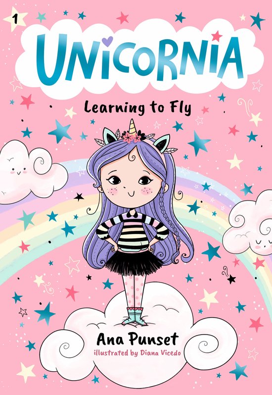 Boekcover: Unicornia Learning to Fly, een meisje met paars haar en unicorn-oren staat op een wolk, omringd door sterren en een regenboog.