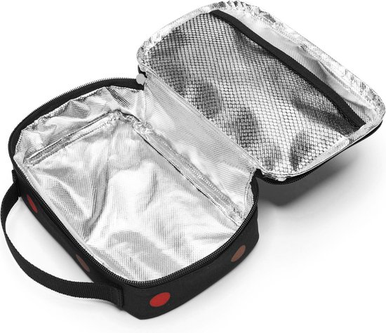 Open zwarte lunchbox met zilverkleurige, geïsoleerde binnenkant.