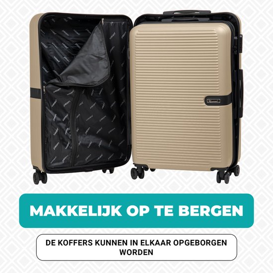 Gouden koffers met openklapbare deuren en interne banden.