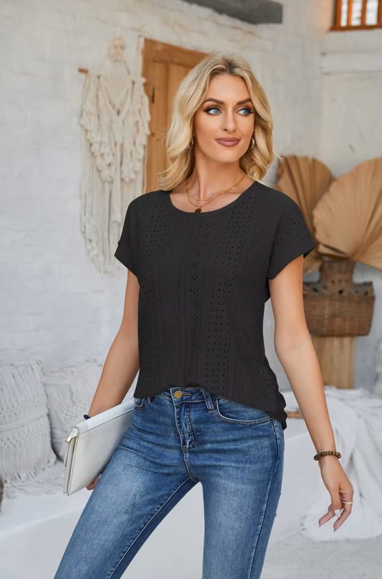 ASTRADAVI Damesmode - Top - Mooie Uitgeholde Jacquard Shirt - Zwart / 2X-Large