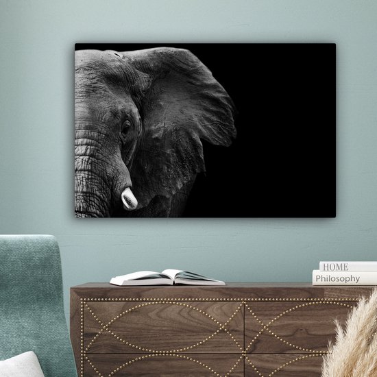Peinture sur Toile - Animaux Sauvages - Éléphant - Zwart - Wit - Décoration murale - Toile - 60x40 cm - Canvasdoek sur Toile - Salon