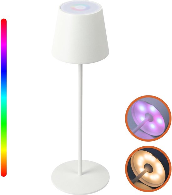 Lampe de table blanche avec lumière RVBW et blanc chaud, avec bande de couleurs.