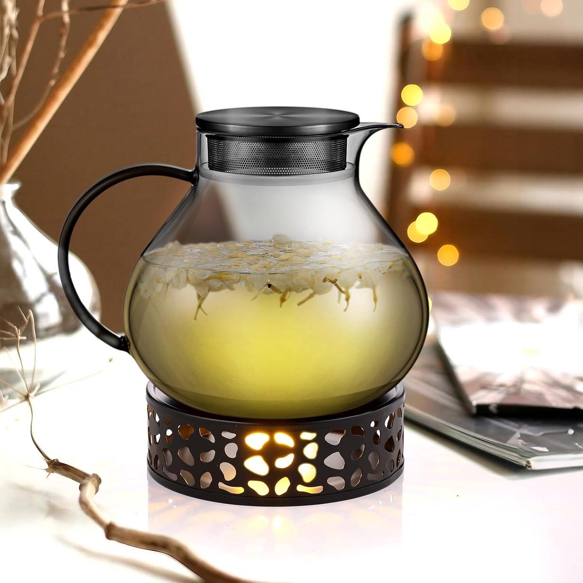 Theepot met zeef, 1500 ml theepot met stoofje, zwart glazen theebereider, glazen kan met zeef, theepot van borosilicaatglas, voor losse thee, theezakjes, theepot voor alle soorten thee