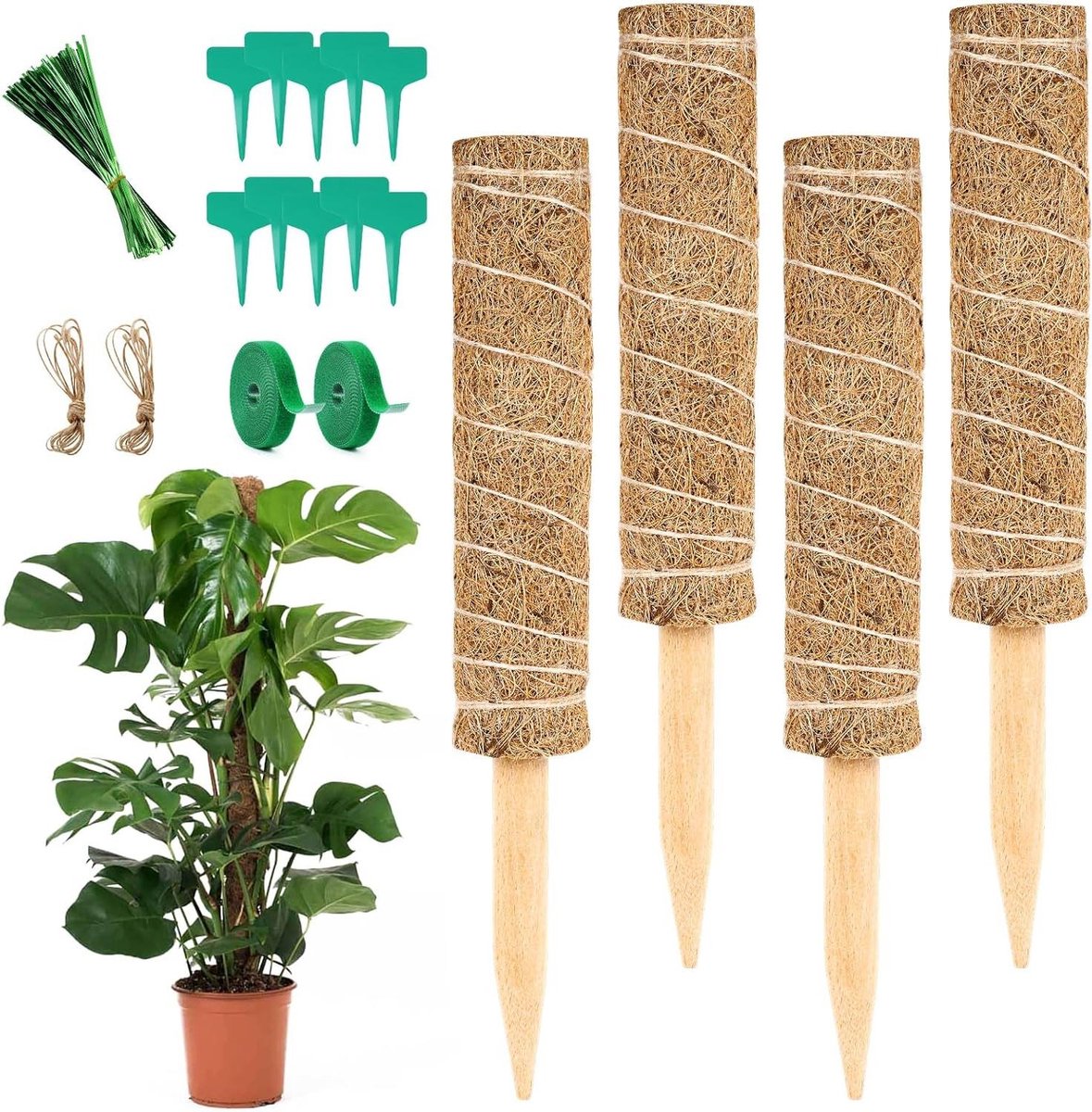4 stuks kokos totempaal klimplanten- en klimplantensteun met twistbinders plantenbanden etiketten jute touw -vormbestendige sticks