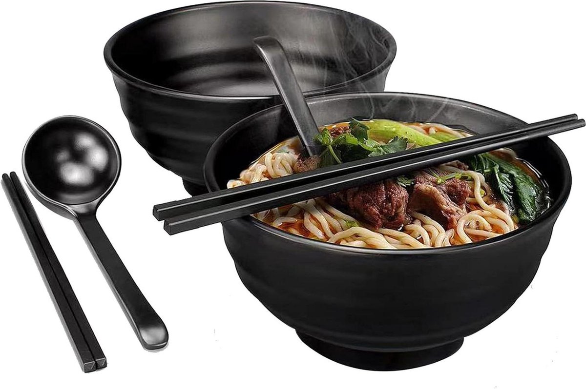 6-delig Japans ramenkomset met stokjes en lepel - vaatwasmachinebestendige soepkommen voor pasta en salade - zwart