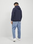 Man met dreadlocks, gekleed in een donkerblauwe hoodie met trekkoord en een spijkerbroek, van achteren gezien.