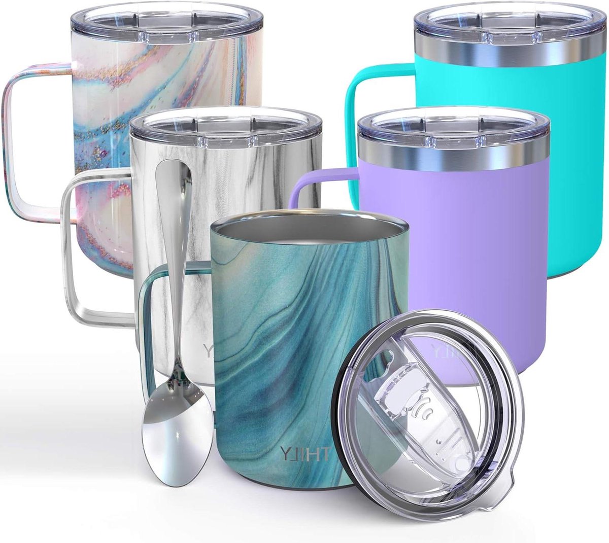 Geïsoleerde reiskoffiemok 350 ml Roestvrijstalen koffiekop met handvat en deksel Morsbestendig Houdt koffie koud of warm Blauwe werveling