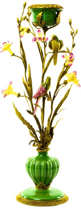 Foto: Bloemen kandelaar brons en porselein kaarshouder decoratie bronzen takken porseleinen bloem vogels woondecoratie sfeer 19x28x64
