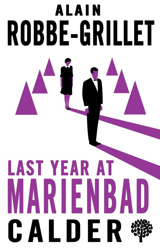 ALAIN ROBBE-GRILLET: LAST YEAR AT MARIENBAD CALDER. Homme et femme en costume, triangles violets sur fond blanc.