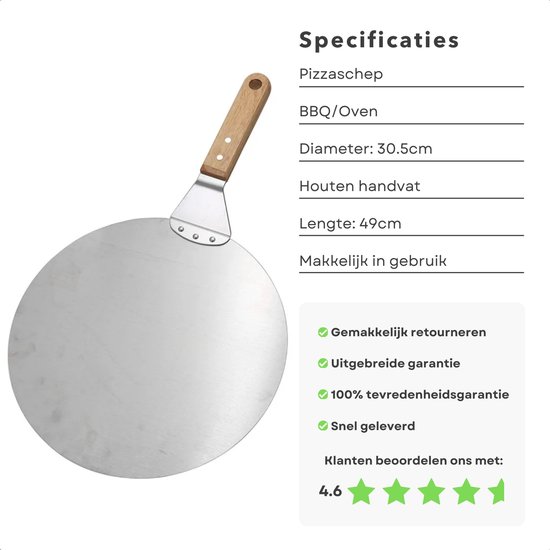 Pizzaschep van metaal met houten handvat, met specificaties zoals diameter 30,5 cm.
