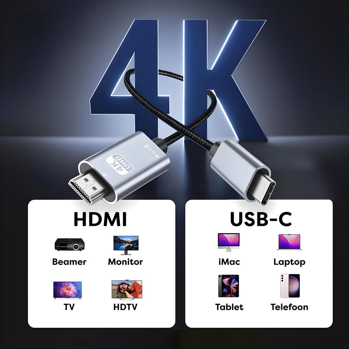 USB C naar HDMI kabel 2m 4K 60Hz zwart koperen ader voor MacBook, iPhone 15, Samsung, USB-C schermadapter - Afbeelding 5