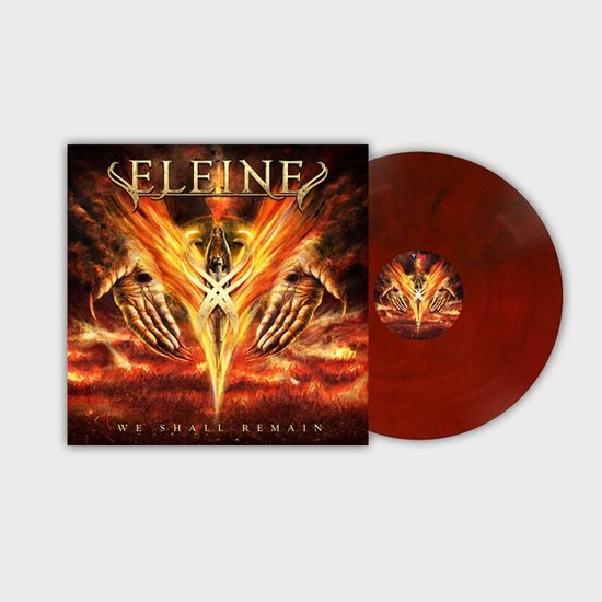 Albumhoes met een vurige feniks en handen, met een rood-zwarte marmeren vinylplaat.