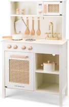 Woet® Houten Speelgoed Kinderkeuken - Speelkeukentje met Rotan Details en Gouden Kraan - Speelkeuken Gebroken Wit met Diverse Accessoires - Werkbladhoogte 55 cm - Rollenspel - Vanaf 3 Jaar