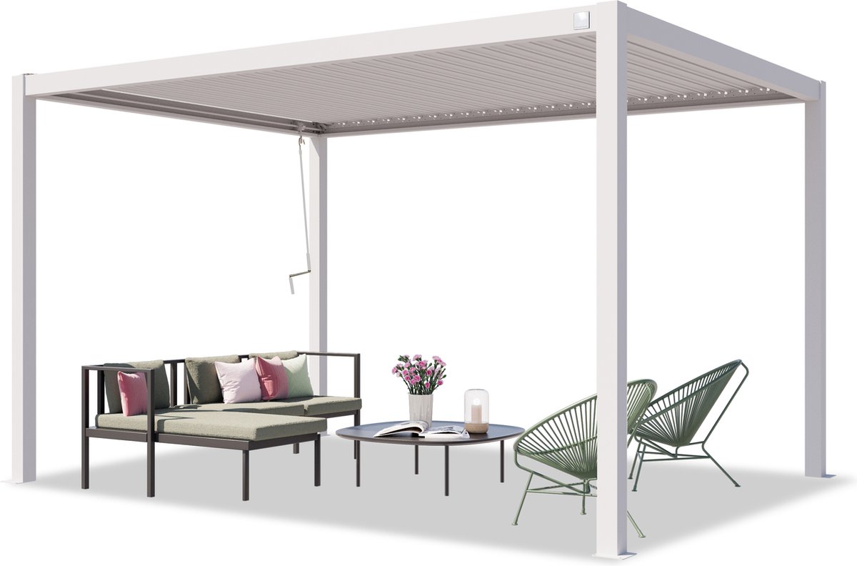 PRIMEYARD Pergola 3x4 m staanders van aluminium met stalen lamellendak paviljoen wit