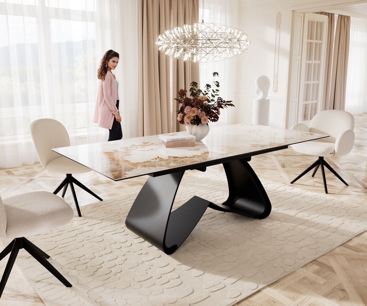 Eetkamertafel Edge keramiek Minas Melange wit-beige 180-220x100 W-frame zwart uitschuifbaar