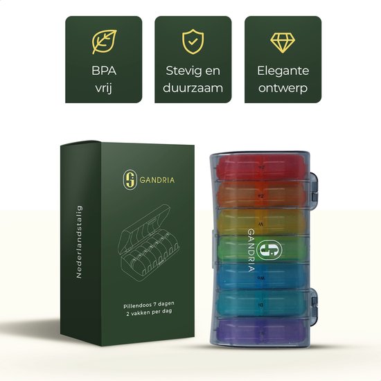 Gandria Pilulier 7 Jours - Pilulier Amovible - Boîte à Médicaments avec 14 Compartiments - Boîte à Médicaments avec Fermeture Robuste - 2 Compartiments par Jour - 7 Couleurs